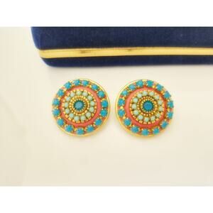 Vintage Michal Golan Blue Rhinestone Cabochon Pink Enamel Earrings